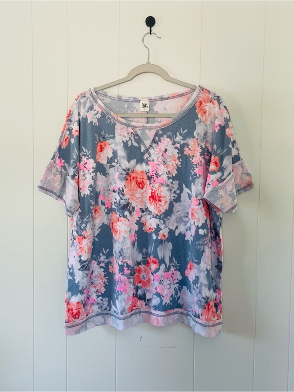 Sew In Love Blue Scoop Neck Short Sleeve Top with Pink Floral